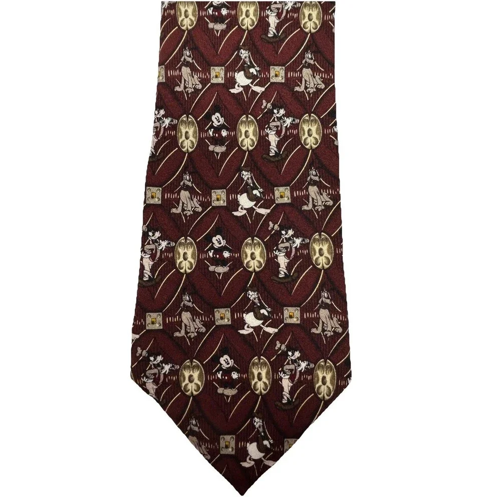Walt Disney World Silk Maroon Tie Mickey Mouse Goofy Pluto Donald Duck 57.5